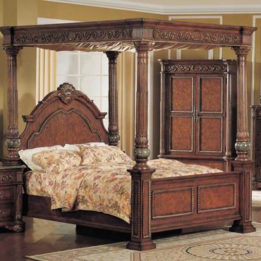 Ka7601k Kamella King Canopy Poster Bed With Marble Detail In A Cherry And Ash Burl