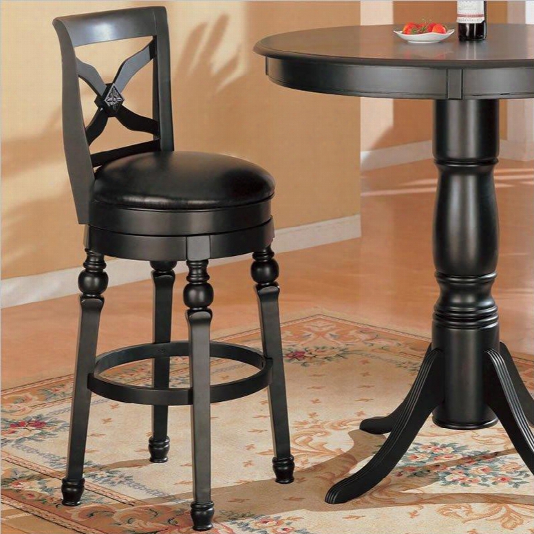 Lathrop 100279 29" Bar Stool With Swivel Faux Leather Upholstery And Turned Legs In Black