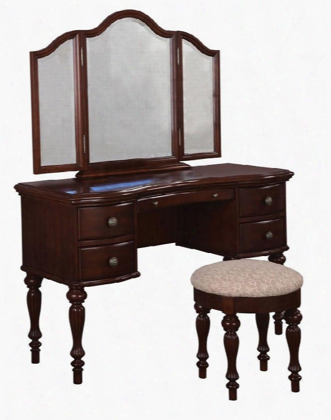 Marquis Cherry Collection 508-290 58" Vanity Trifold Mirror And Thi Ckly Upholstered Round Bench With Decorative Hardware Curved Drawers Turned Legs And