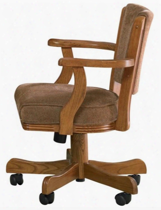 Mitchell 100952 47.5" Arm Game Chair With Casters Wooden Arms Subtle Curves And Fabric Upholstery In Amber