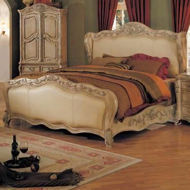 Nc8001k Nicia King Sizing Bed Intricately Carved With Top Grain Leather Covered Headboard And Footboard In Whitewash