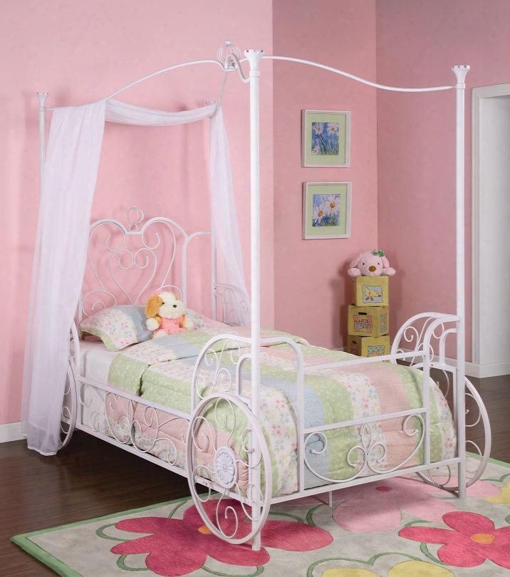 Powell Collection 374-042 83" Princess Emily Carriage Canopy Twin Size Bed With Bed Frame In Antique Hand-washed White With Pink Sand-through