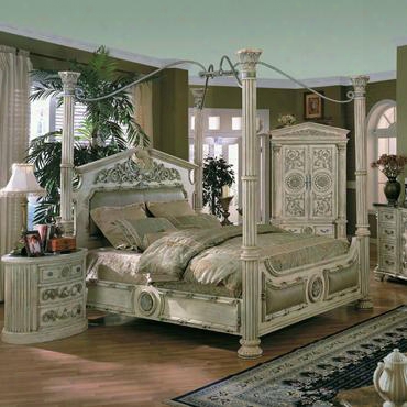 Rm1000k Romeo King Canopy Post Bed With Ivory Leather In A Whitewash