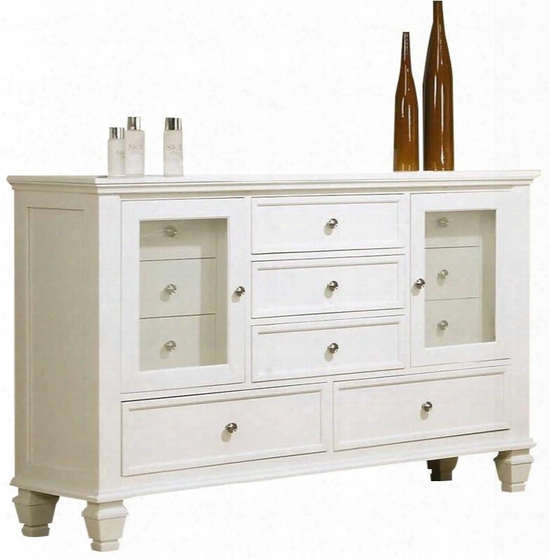 Sandy Beach 201303 61.25" Dresser With 11 Draawers 2 Glass Doors Tapered Turned Legs Tropical Hardwoods And Veneers Construction In White