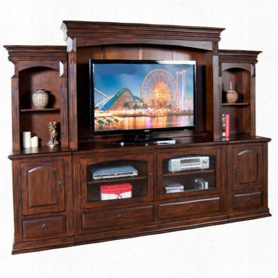 Santa Fe Collection 3439dc 107" Entertainment Wall With 4 Adjustable Shelves 2 Beehive Glass Doors And 4 Drawers In Dark Chocolate