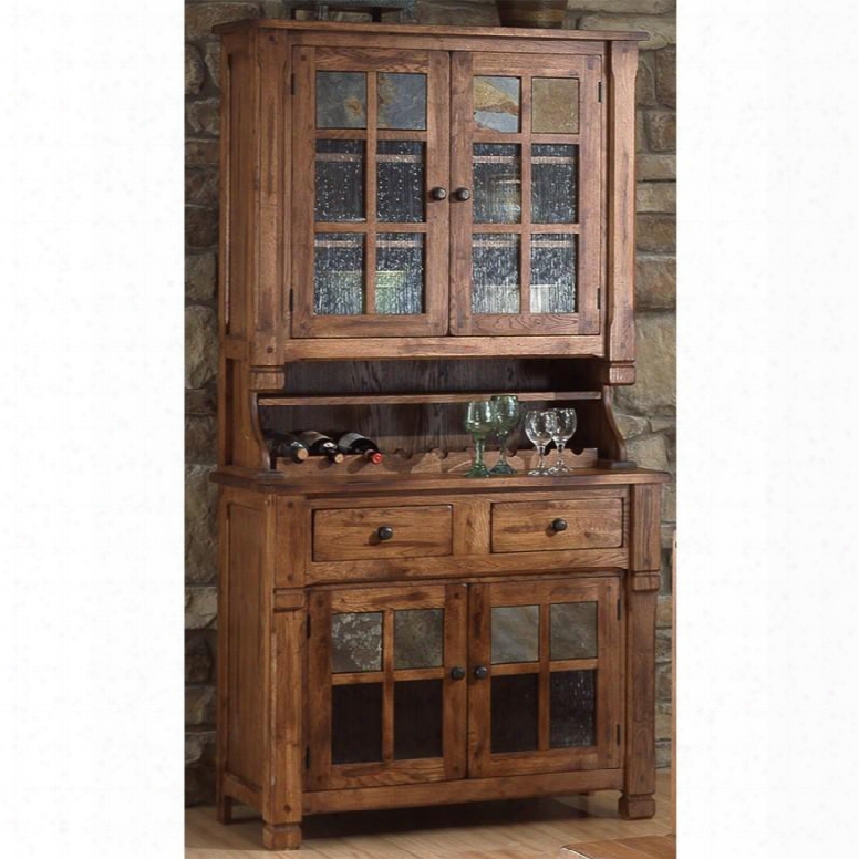 Sedona Collection 2412ro 42" Hutch & Buffet With Natural Slates Waterfall Glass And 9 Wine Bottle Holders In Rustic Oak