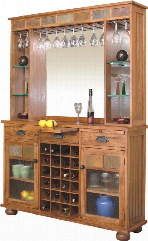 Sedona Collection 2413ro 54" Server & Back Bar With Natural Slate Mirror Back Waterfall Glass Glass Holders And 4 Adjustable Glass Shelves In Rustic Oak