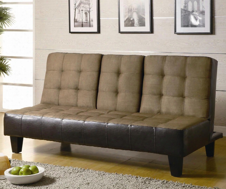 Sofa Beds And Futons 300237 69.25" Convertible Sofa With Drop Down Console Cup Holders Microfiber And Leatherette Upholstery In Tan And Dark Brown
