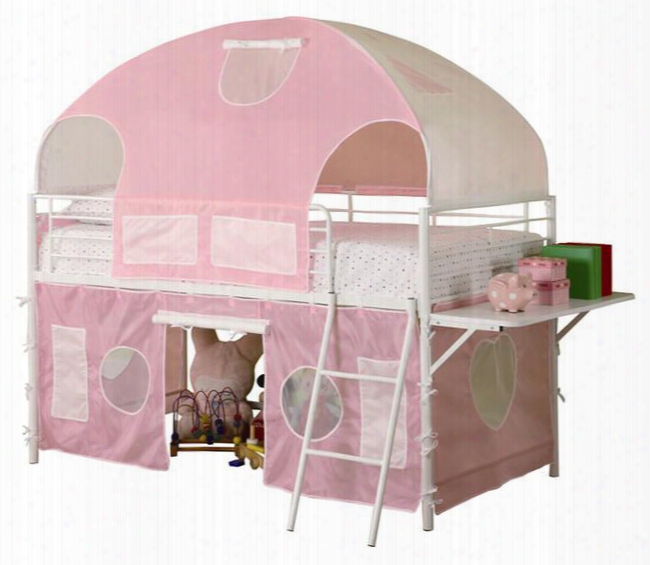 Sweetheart Tent Collection 460202 Twin Size Bunk Bed With Pink Fabric Covering Shelf Guard Rails Ladder Included Glossy Metal Frame In White