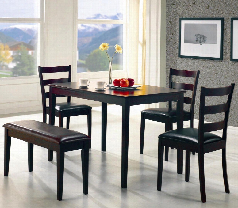 Taraval 150232 5 Pc Dining Set With 3 Side Chairs Bench Rectangular Table Tapered Legs And Dark Brown Leatherette Upholstery In Cappuccino