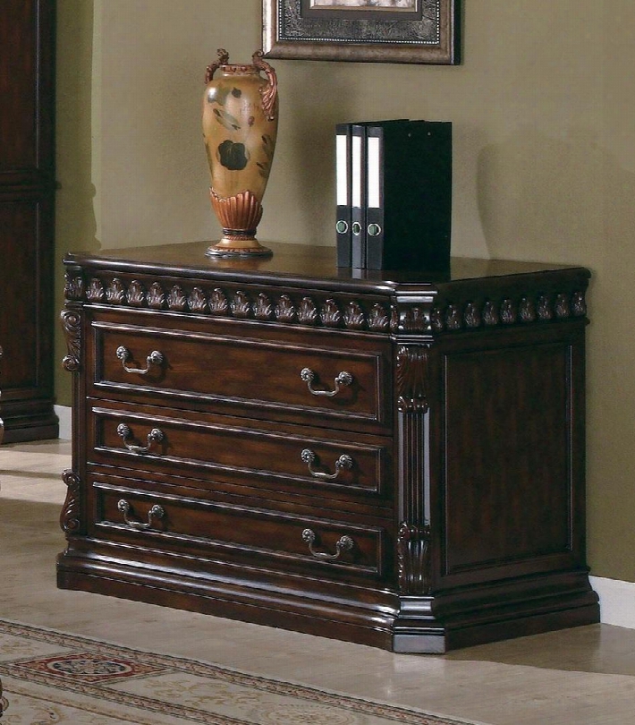 Tucker 800802 42" File Cabinet With 3 Drawers Intricate Carvings Dark Bronze Hardware And Full Extension Glides In Rich Brown