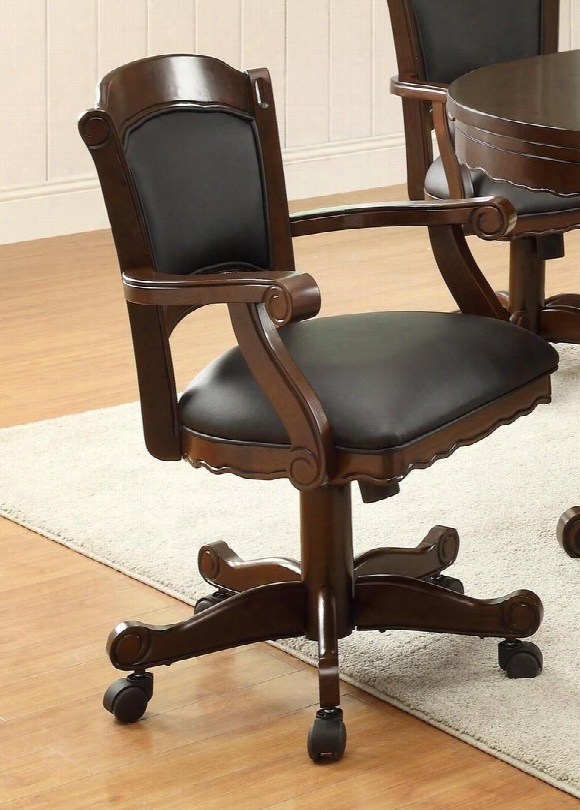 Turk 100872 19" Arm Game Chair With Casters Shaped Apron Black Leatherette Upholstery And Solid Oak Wood Frame In Tobacco