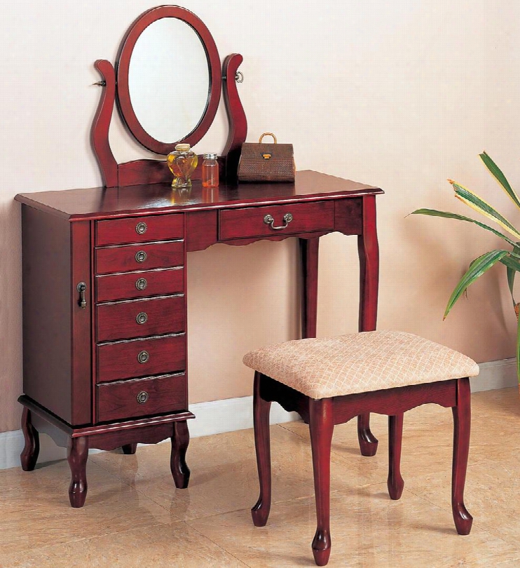 Vanities 300073 36" Vanity And Stool With Oval Swivel Mirror Cabriole Legs Storage Drawers Shaped Aprons And Cream Fabric Seat In Brown Red