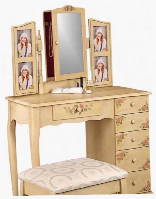 Vanities Collection 4038 32" 2 Pc Vanity Set With 6 Drawers Upholstered Stool Jewelry Mirror Hand Painting Floral Motif And Cabriole Legs In Ivory