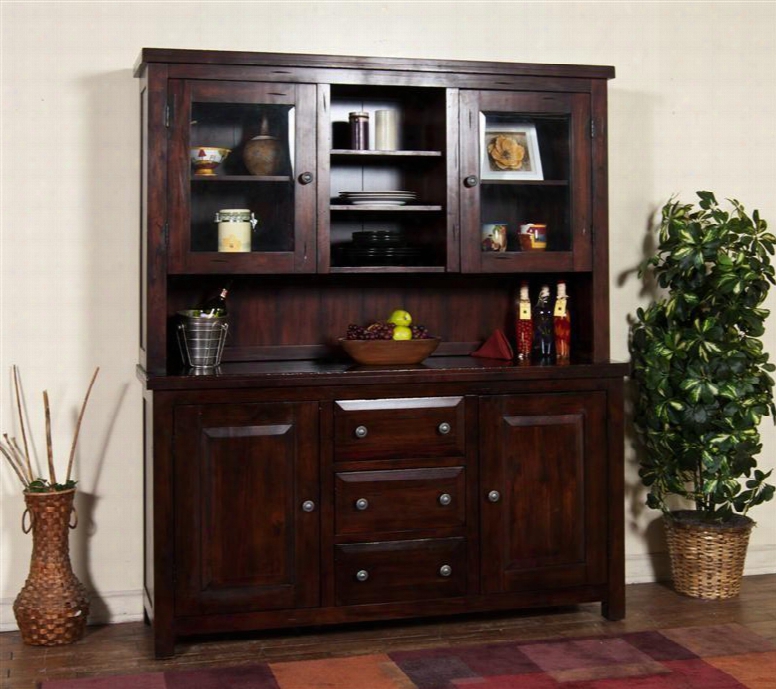 Vineyard Collection 2428rm 78" Hutch & Buffet With 2 Glass Doors 3 Drawers Wine Bottle Holders And Adjustable Shelves In Rustic Mahogany