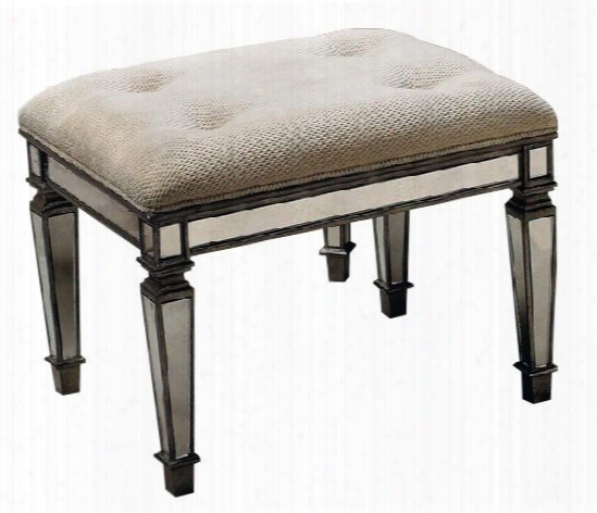 1214146 Masterpiece 25.5" Rectangular Ottoman With Ivory Fabric Seat Solid Wood Construction And Antiqued Mirrored Legs And Apron In