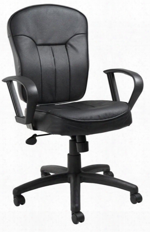 B1562 41" Mid- Back Task Chair With Loop Arms Adjustable Tilt Tension Upright Locking Position And Hooded Double Wheel Casters In Black Leather