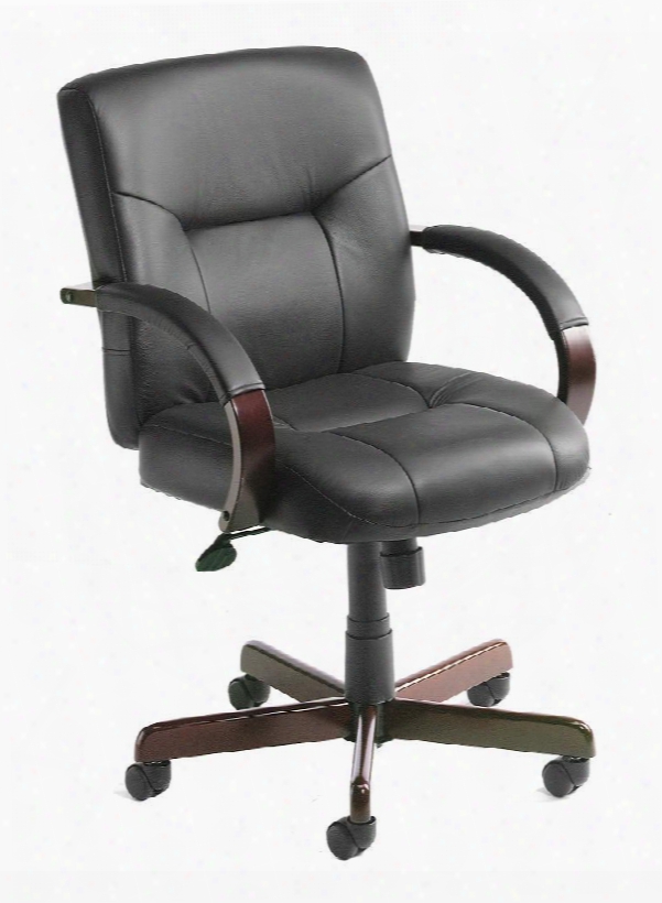 B8906 37" Executive Leather Mid Back Chair With Mahogany Finished Wood Hardwood Arms Upright Locking Position And Gas Lift Seat Height Adjustment In Black