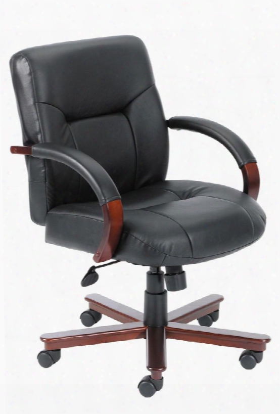B8907 37" Executive Leather Mid Back Chair With Knee Tilt Mahogany Finished Wood Hardwood Arms Upright Locking Position And Gas Lift Seat Height Adjustment