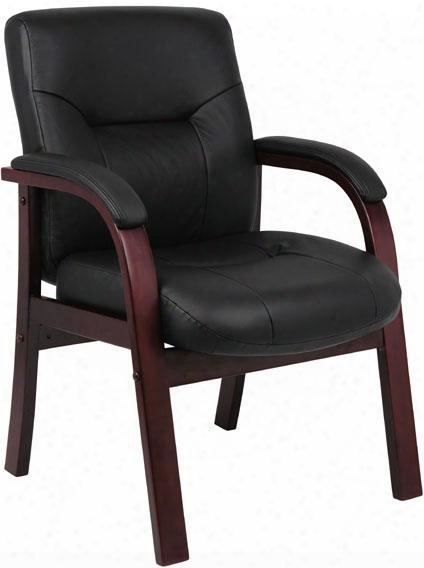 B8909 36" Executive Leather Guest Chair With Mahogany Finished Wood Hardwood Arms And Lumbar Support In Black Italian