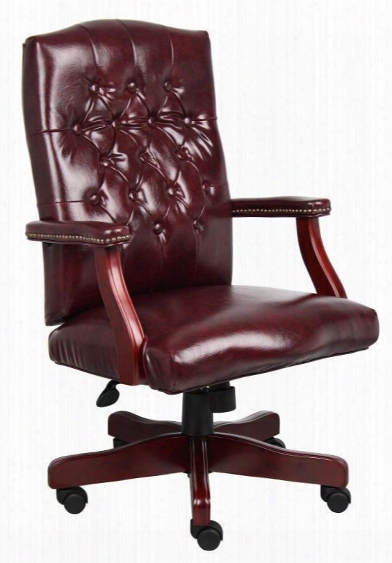 B905-by 43" Classic Executive Seat Of Justice With Mahogany Wood Finish Button Tufted Styling And Hand Antique Brass Nails In Oxblood Vinyl