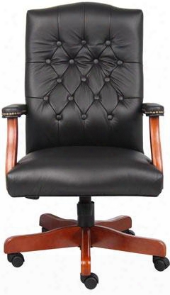 B915-bk 44" Executive Chair With Buton Tufted Styling Hand Applied Brass Nails And Cherry Finished Wood Components In Black Leather