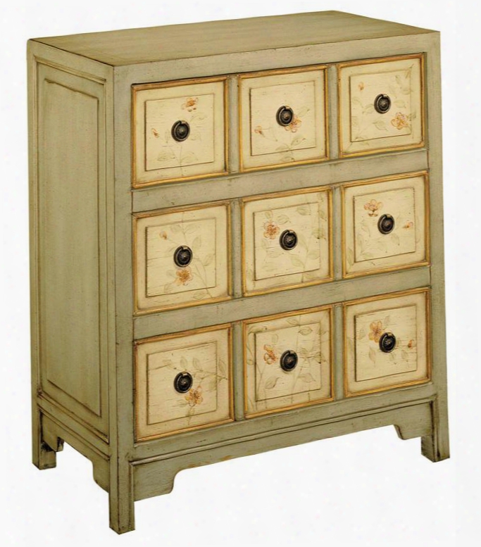 Lauren 11312 26.5" 3-drawer Hand Painted Apothecary Chest With Faded Floral Fronts Distressed Details And Bronze Finish Hardware In Light Green And Antique