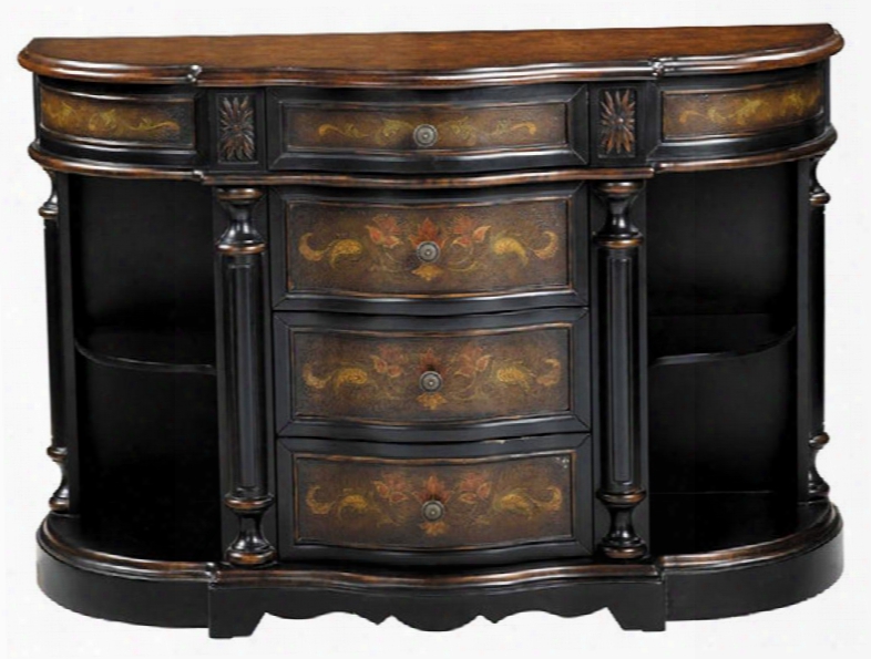 Vila 11724 4-drawer Cabinet Two Open Side Shelves Floral Design And Column Accents In Black And Wood Tone