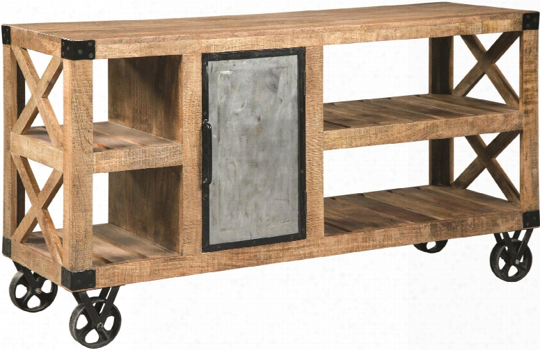 Accents Collection 950713 56" Console Table With 1 Dor Storage Shelves Large Industrial Casters Black Metal Hardware And Rich Mango Construction Innatural