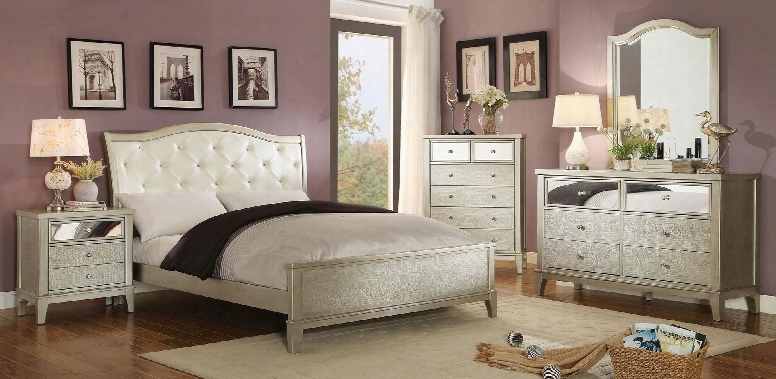 Adeline Collection Cm7282ekbedset 5 Pc Bedroom Set Wit Eastern King Size Panel Bed + Dresser + Mirror + Chest + Nightstand In Silver