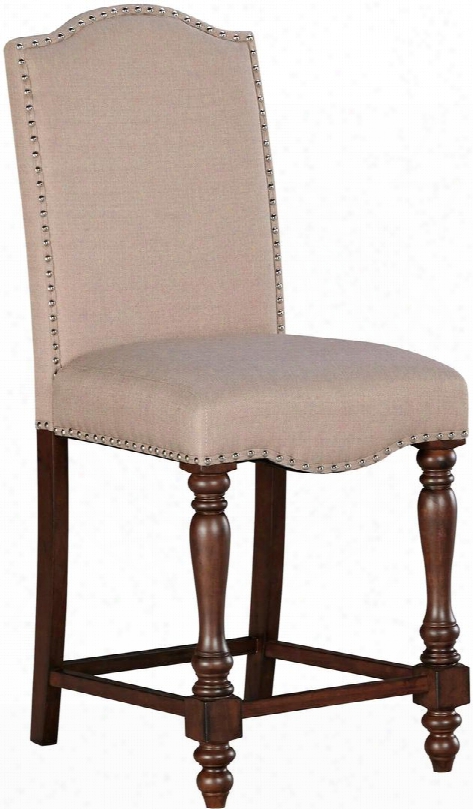 Baxenburg D506-124 25" Upholstered Barstool With Camelback Seat Hand-set Nail Head Trim And Turned Front Legs In