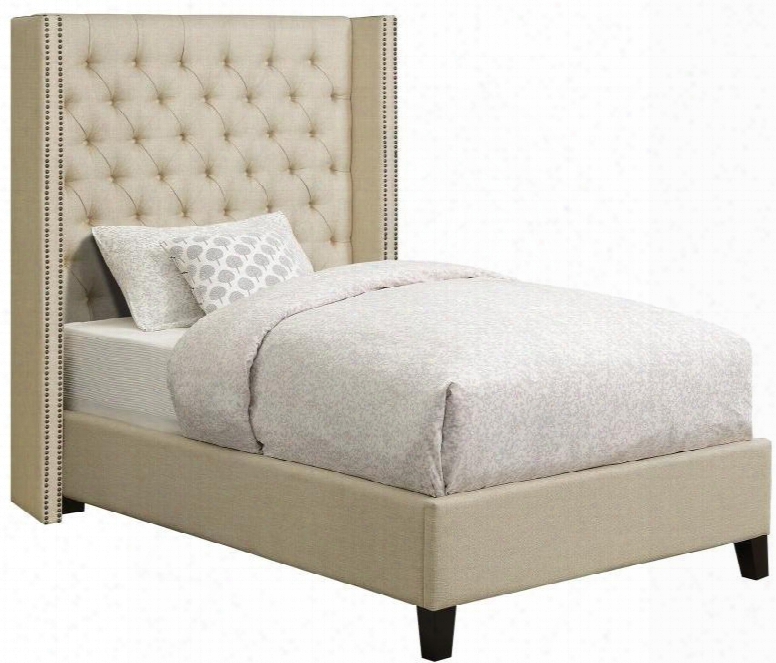 Benicia Collection 307006t Twin Size Bed With Demi-wing Back Button Tufted Headboard Pine And Plywood Materials Black Solid Birch Legs And Woven Fabric