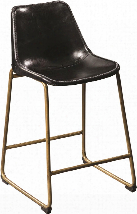 Bynum Collection 102967 24" Counter Height Stool With Bucket Shaped S Eat Mattie Black Dyed Goat Leather Upholstery And Iron Construction In Antique Brass