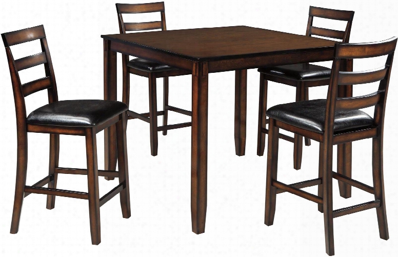 Coviar D385-223 5 - Piece Dining Room Counter Table Set With Upholstered Faux Leather Ladderback Bar Stools Birch Veneers And Burnished Brown