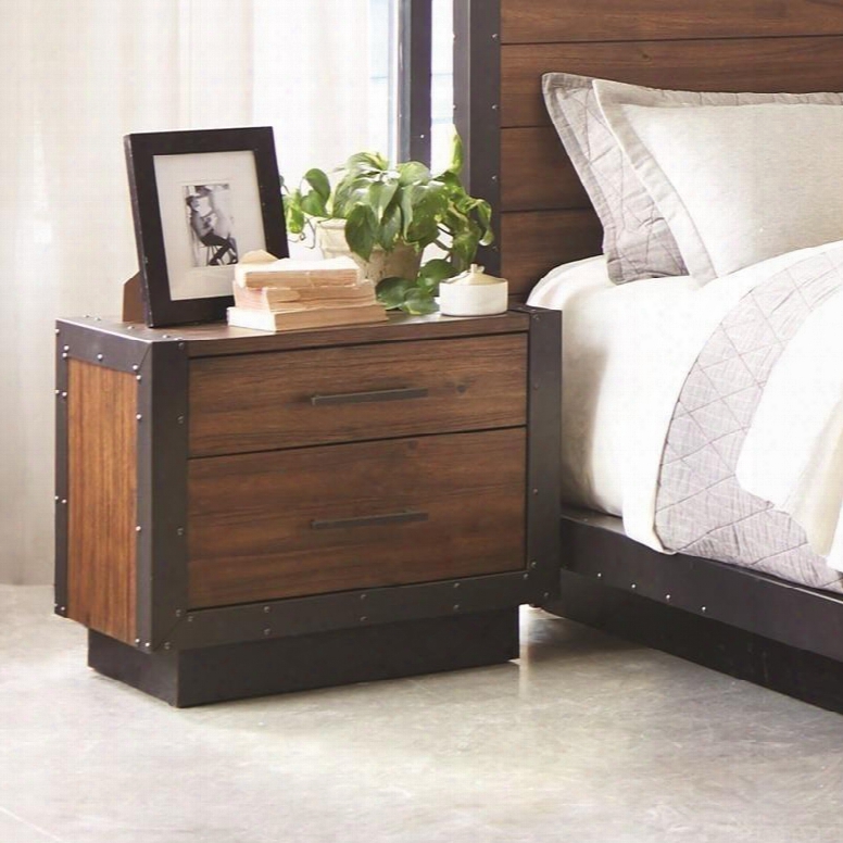 Ellison Collection 205242 28" Nightstand With 2 Drawers Nail Head Trim Dual Usb Ports Wire Brushed Wood Surface Acacia Veneer Construction And Powder