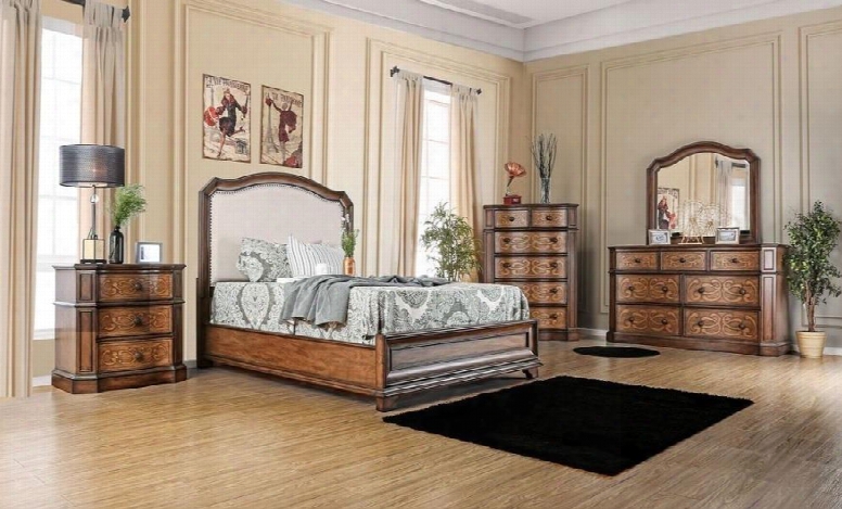 Emmaline Collection Cm7831fqbedset 5 Pc Bedroom Set With Queen Size Panel Bed + Dresser + Mirror + Chest + Nightstand In Warm Chestnut