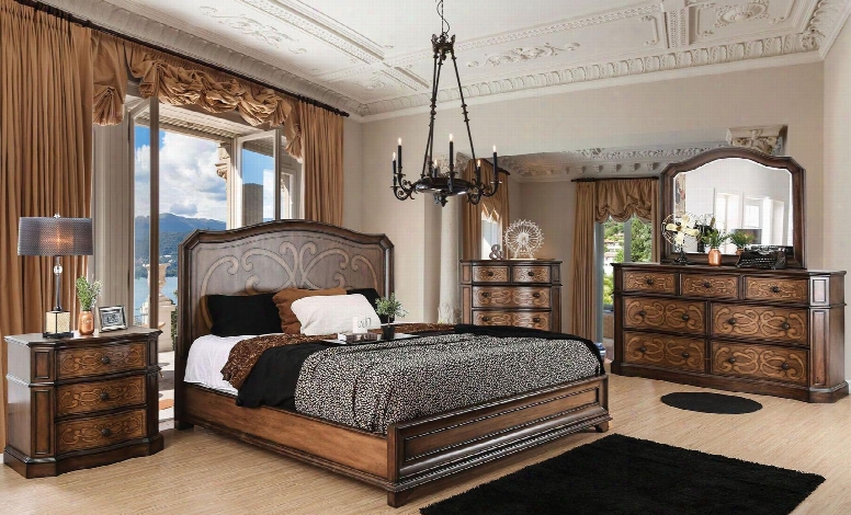 Emmaline Collection Cm7831qbedset 5 Pc Bedroom Set With  Queen Bed Size Panel Bed + Dresser+ Mirror + Chest + Nightstand In Warm Chestnut