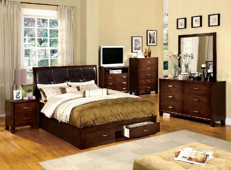 Enrico Iii Collection Cm7066qbedset 6 Pc  Bedroom Set With Queen Size Platform Bed + Dresser + Mirror + Chest + Nightstand + Media Chest In Brown Cherry