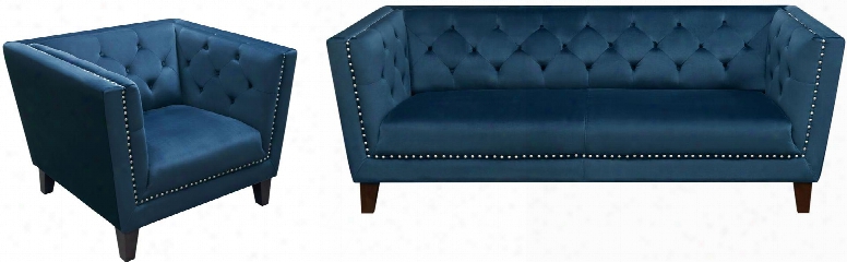 Grand Grandscbu Tuftde Back Sofa & Chair 2pc Set With Nail Head Accent In Blue