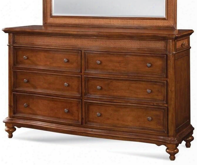 Hudson Bay 6000-280 68" Dresser With Traditional Bun Feet Stylish Rattan Insets And Six Drawers In Golden Brown
