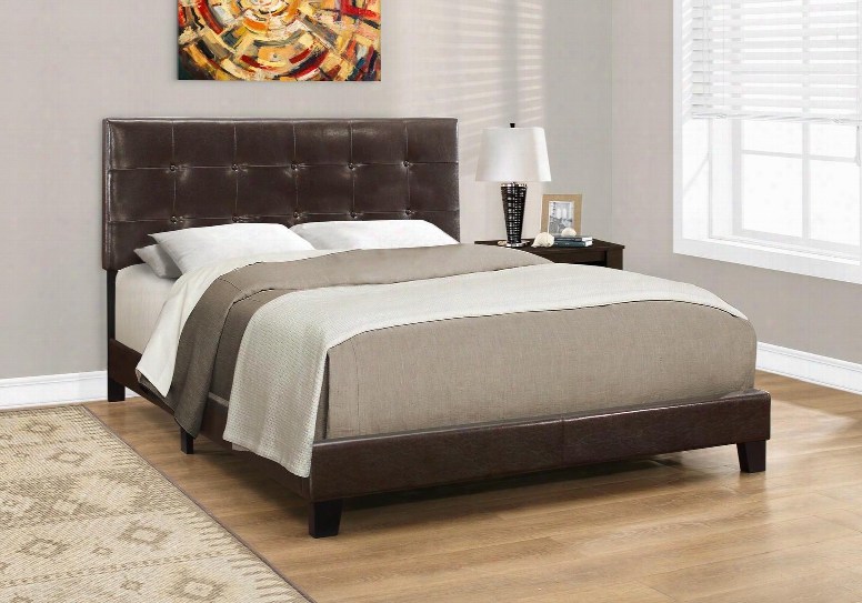 I 5922q Queen Bed With Faux Leather Upholstery Button Tufted Headboard And Solid Wood Block Feet In Dark
