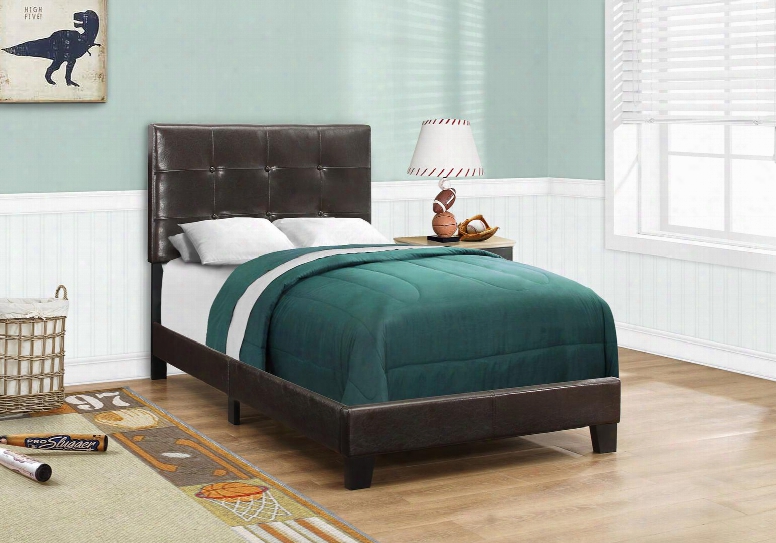 I 5922t Twn Bed With Faux Leather Upholstery Button Tufted Headboard And Solid Wood Block Feet In Dark