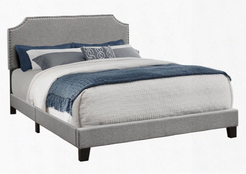 I 5925q Queen Bed With Fabric Upholstery Chrome Nailhead Trim And Solid Wood Legs In