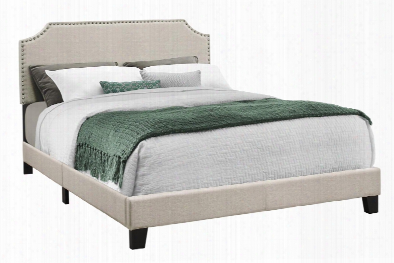 I 5926q Queen Bed With Fabric Upholstery Antique Brass Nailhead Trim And Solid Wood Legs In