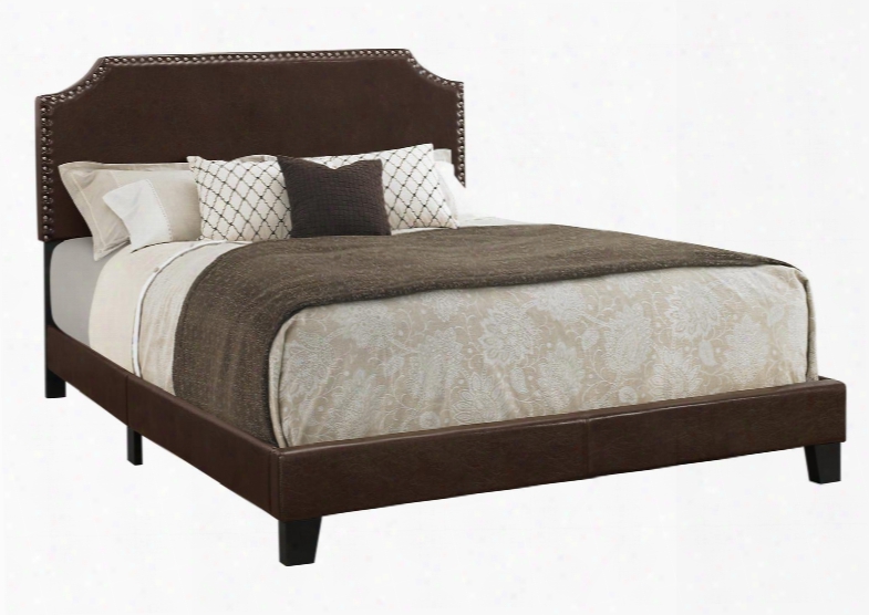 I 5927q Queen Bed With Faux Leather Upholstery Antique Brass Nailhead Trim And Solid Wood Legs In Dark