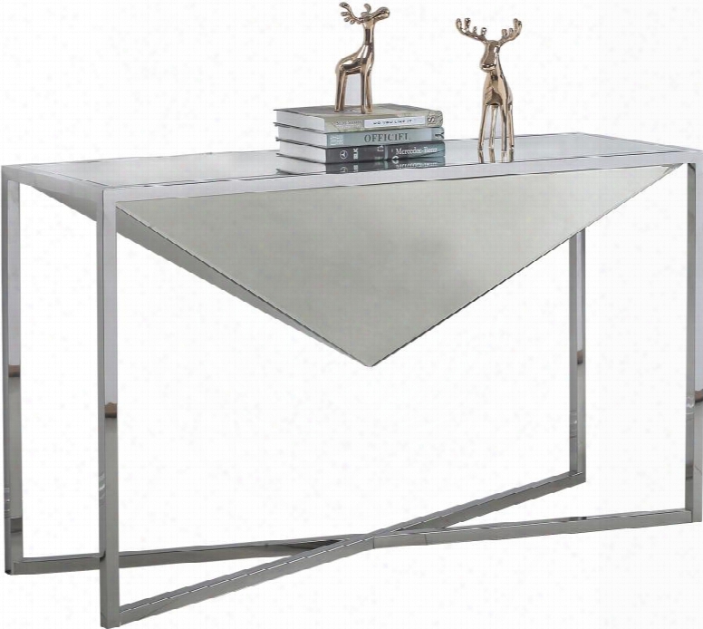 Krystal Collection 220-s 52" Console Table With Stainless Steel Frame Mirrored Top And Center Diamond Design In