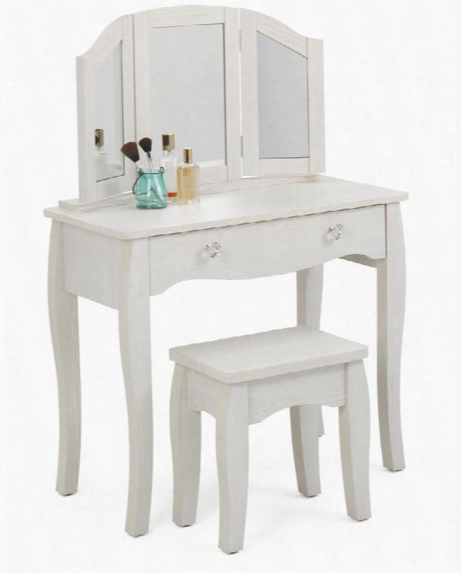 Lindsaay Collection 28429 35" Vanity With Stool Tri-view Mirror And 1 Lar9e Drawer With Cryxtal Pull Knob In Stone White