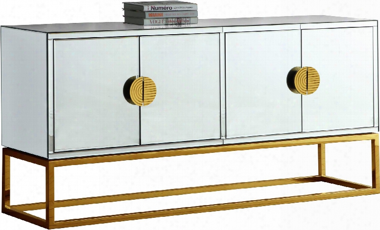 Marbella 302 64" Sideboard With Mirrored Front And Sides Stainless Steel Base And Interior Shelves In Silver And