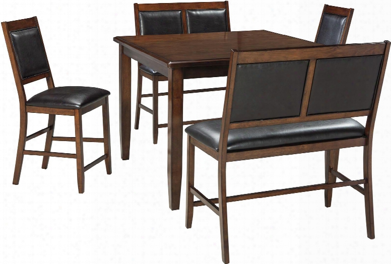 Meredy D395-323 5 - Piece Dining Room Counter Table Set With Upholstered In Durable Brown Faux Leather And Warm Brown