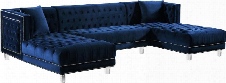 Moda Collection 631navy-sectional 127" 3pc. Sectional With Velvet Deep Tufting Double Chaise Sectional And Acrylic Lucite Legs In